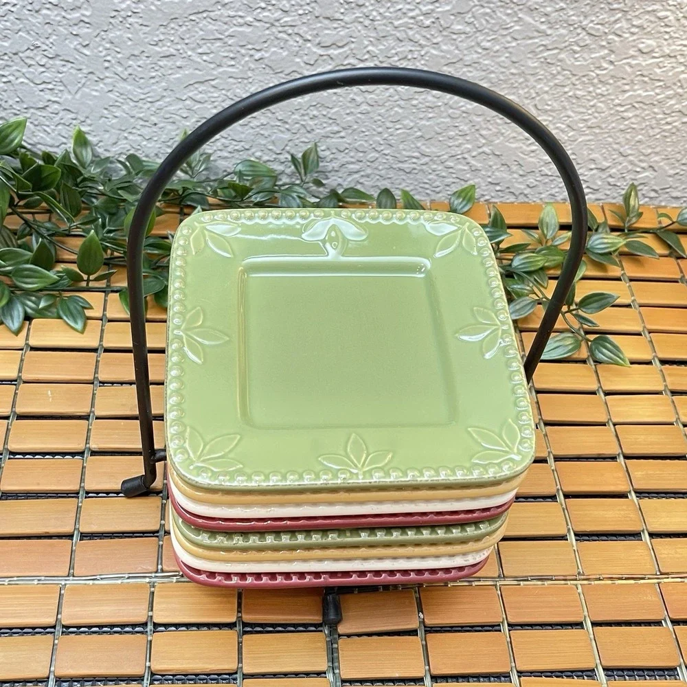 Vintage Signature Sorrento Debby Segura Square Appetizer Plates Set of 8 + Caddy